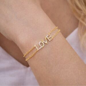 Gold LOVE Bracelet Multicolor Crystal Pavé Dainty Double Chain Stackable Gift